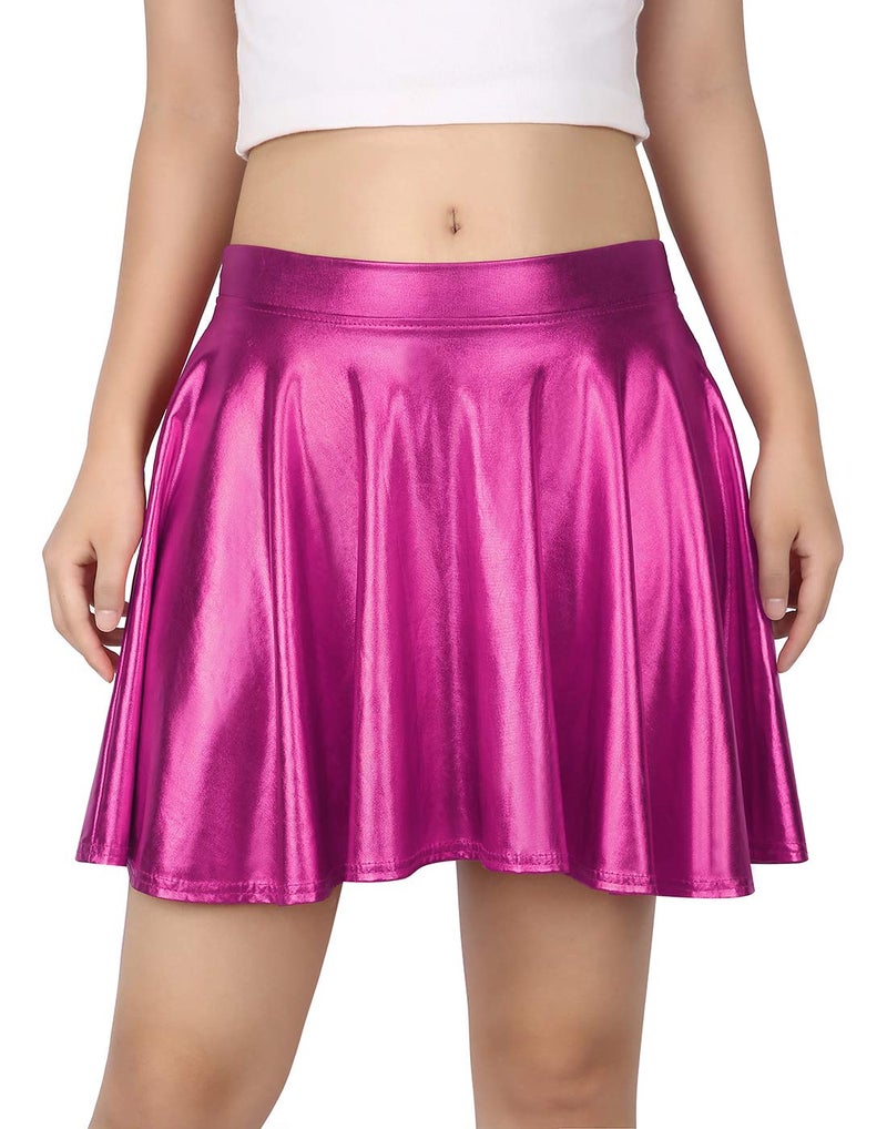 HDE Women's Solid Color Metallic Flared Pleated Club Skater Skirt Hot Pink - M - Image 2